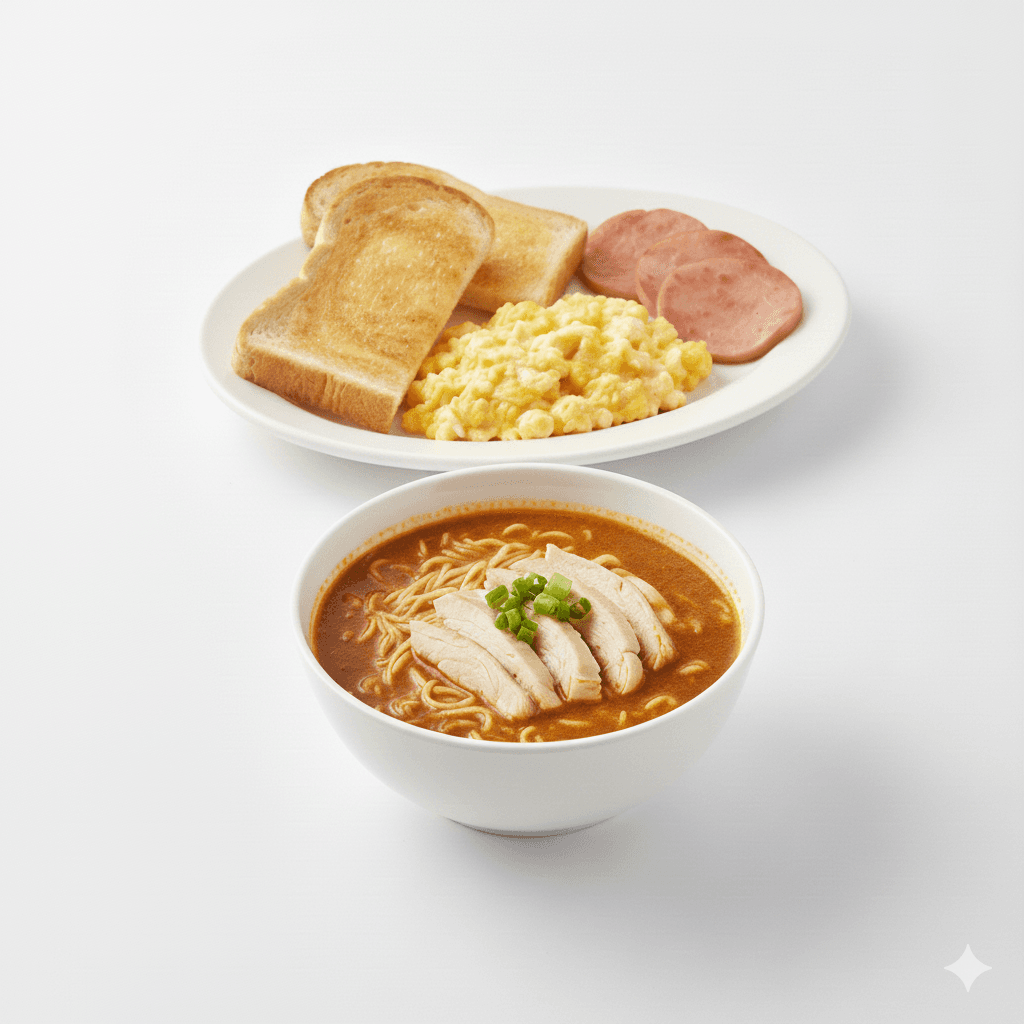 Satay Chicken Vermicelli in Soup + Scramble Egg and Ham + Butter Toast