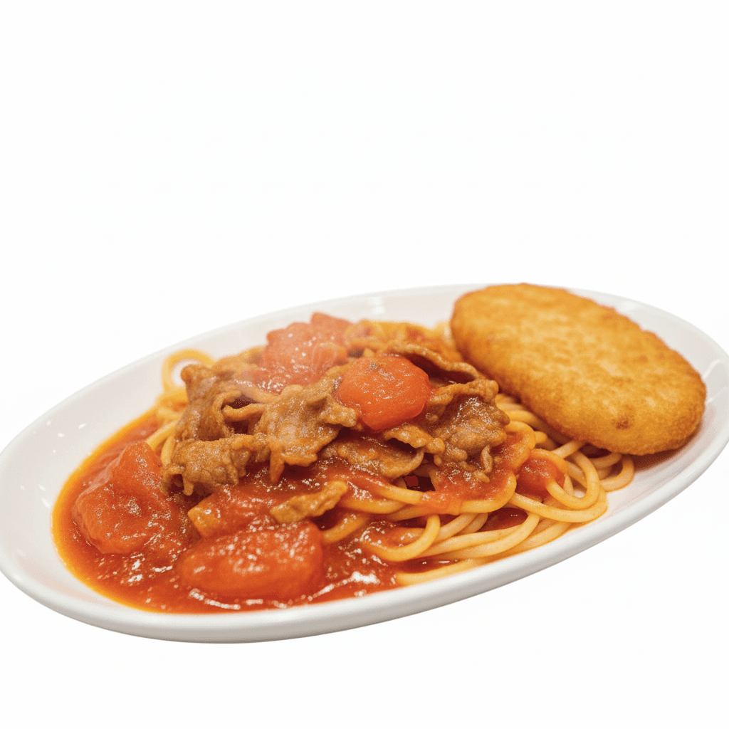 Tomato and Beef with Tomato Sauce on Spaghetti + Hash Brown