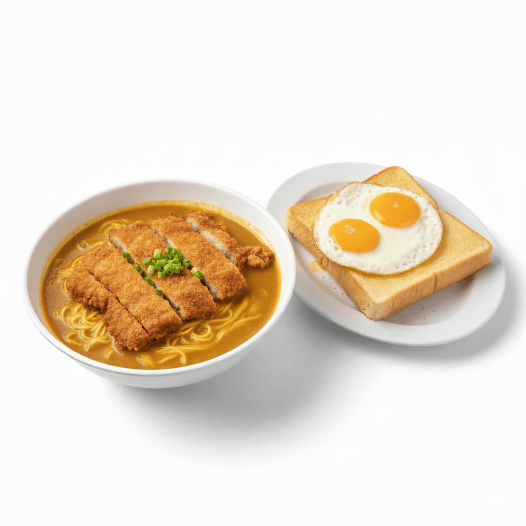 Pork Chop with Vermicelli in Curry Soup + Double Eggs and Butter Toast