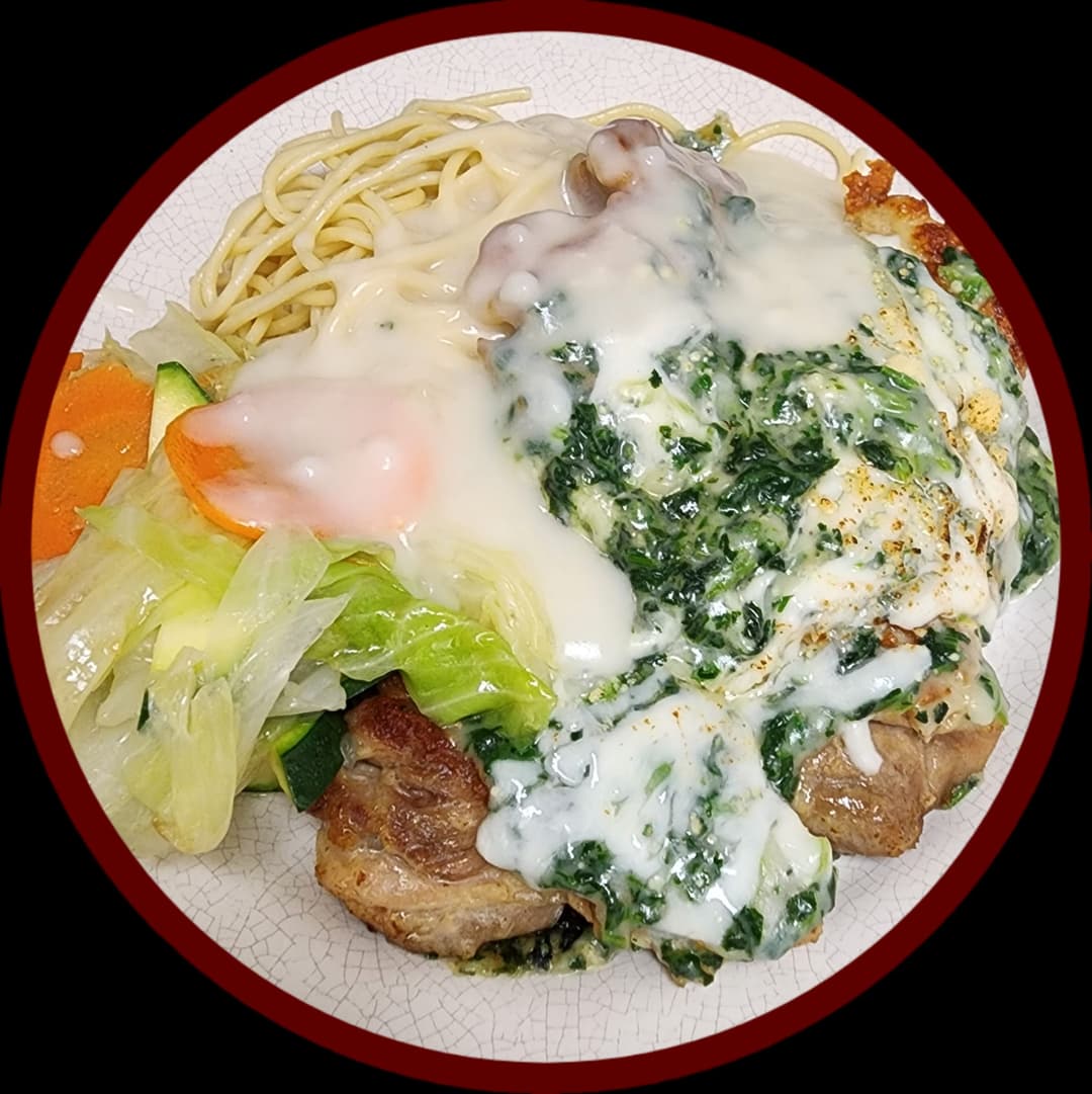 Chicken Cutlet w/Cheesy Creamed Spinach on Rice/Spaghetti