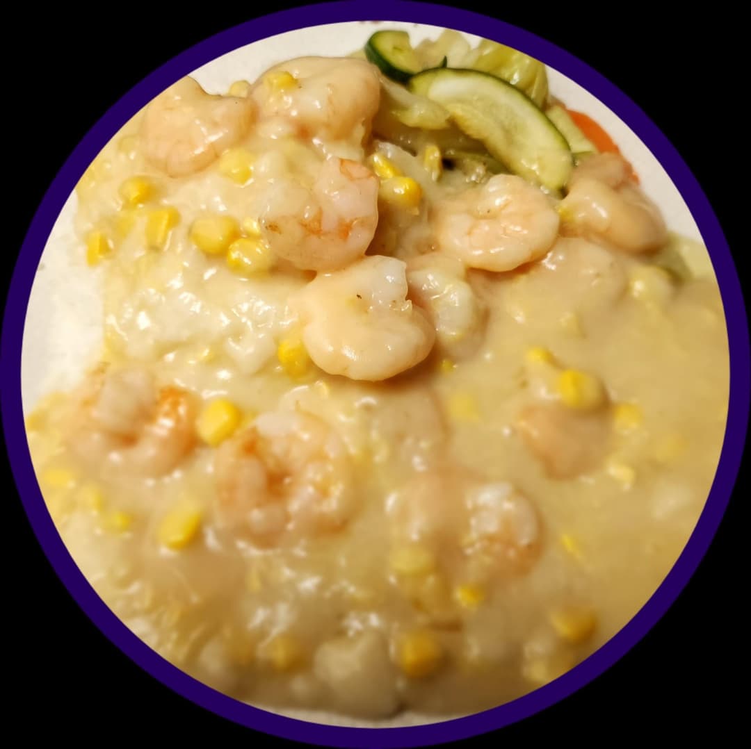 Shrimps w/ Cream of Corn Sauce on Rice/Spaghetti