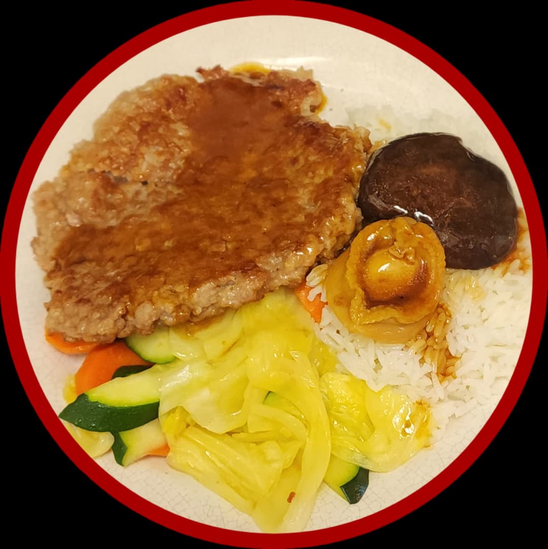 Rice w/ Pan Fried Shrimp Pork Patty & Abalone