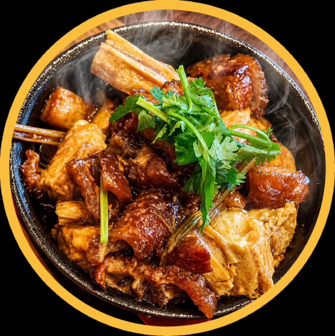 Braised Tofu, Roast Pork with Bean Curd Sticks in Hot Pot w/Rice