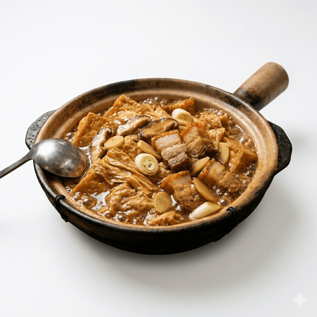 Braised Tofu, Roast Pork with Bean Curd Sticks in Hot Pot w/Rice