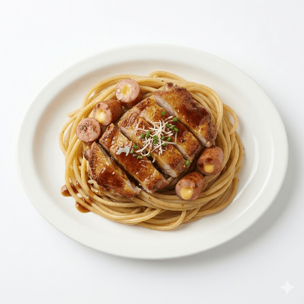 Chicken Fillet & Cheese Sausage w/Gravy Sauce on Rice/Spaghetti