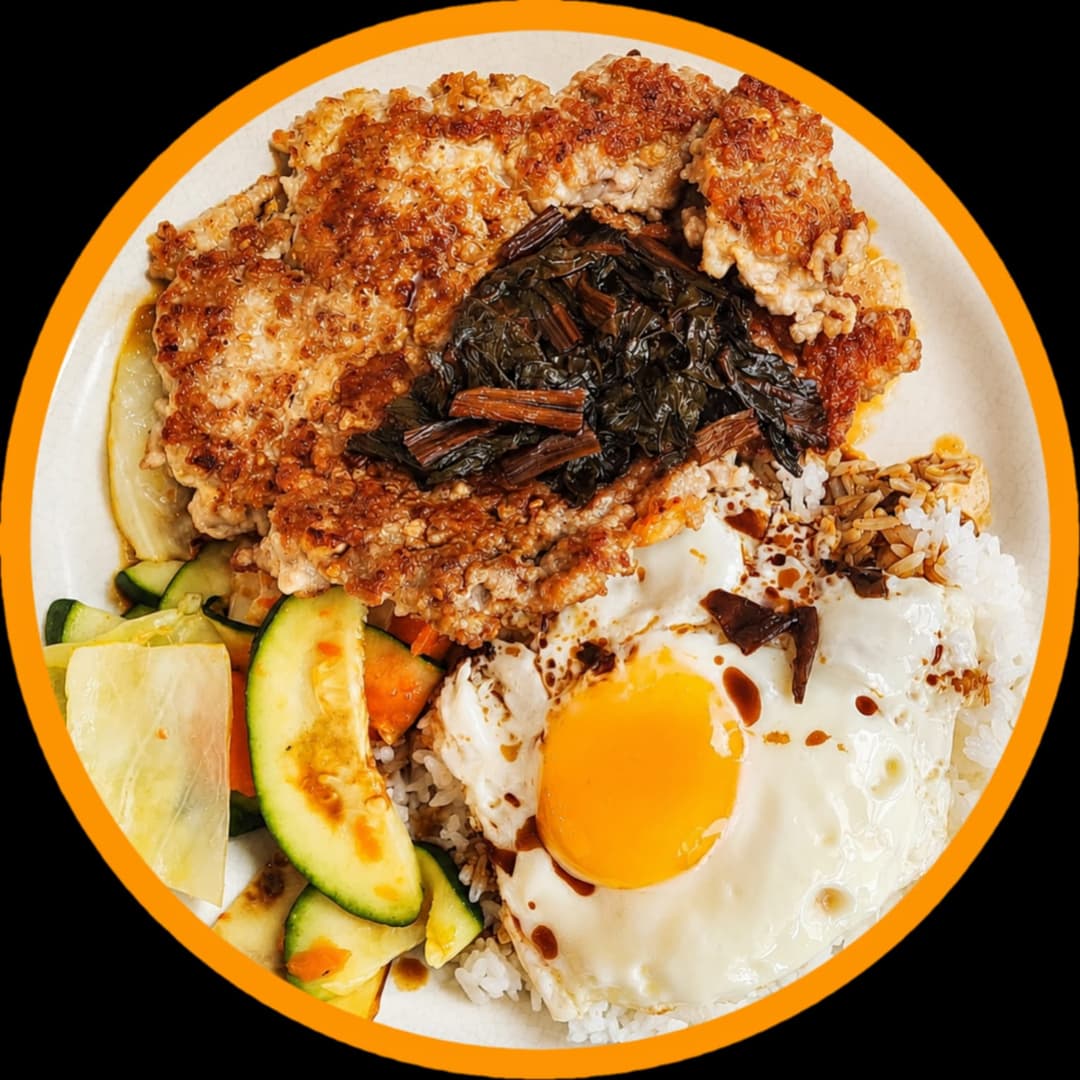 Pan Fried Pork Patty & Eggs on Rice