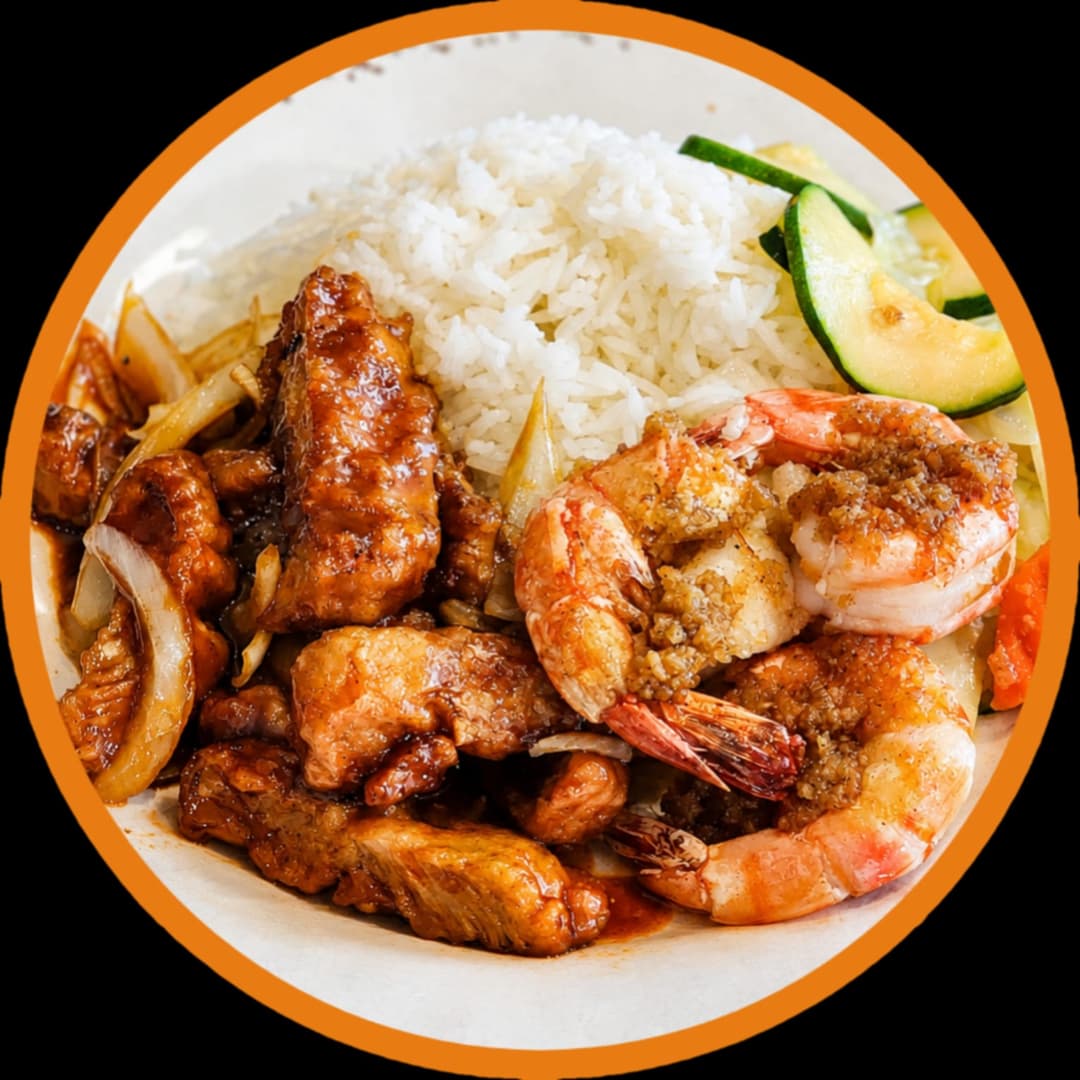 Garlic Butter Tiger Prawns & Braised Pork Ribs w/Sour Plums on Rice/Spaghetti
