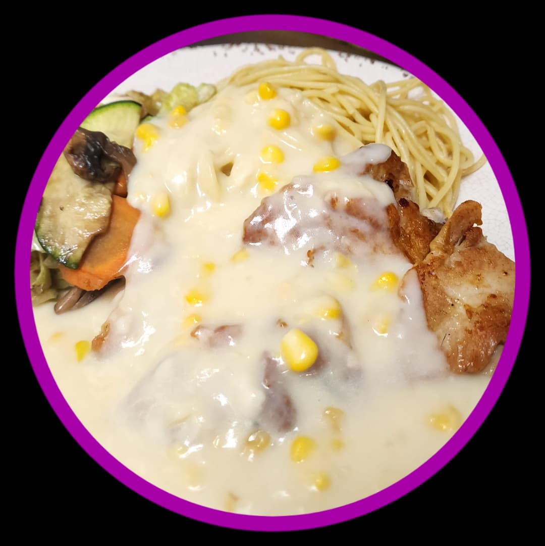 Veggie Pork Chop & Double Egg w/Cream of Corn Sauce on Rice/Spaghetti