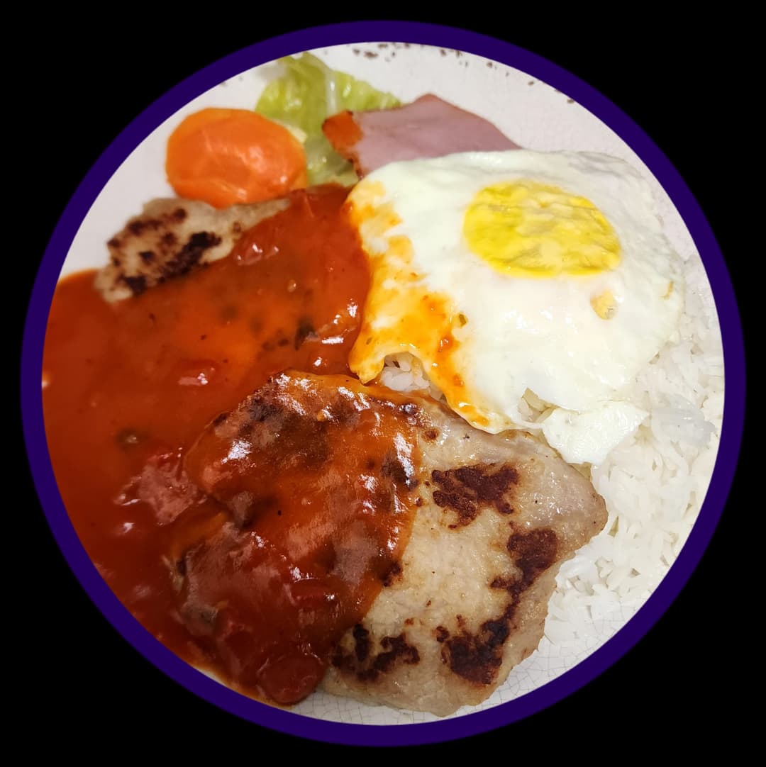 Pork Chop, Ham & Egg w/Tomato Sauce on Rice/Spaghetti