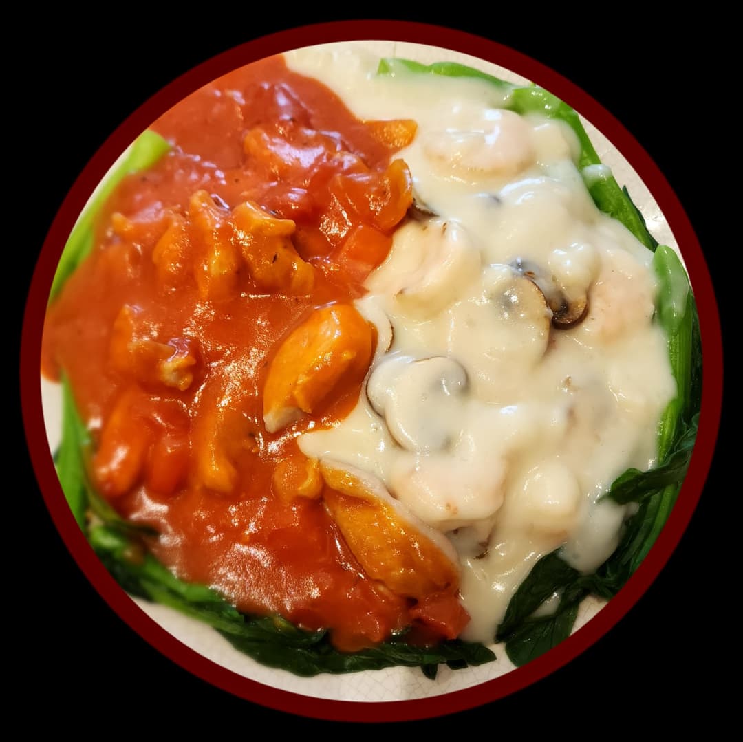 Shrimp in Cream Sauce & Chicken in Tomato Sauce on Fried Rice