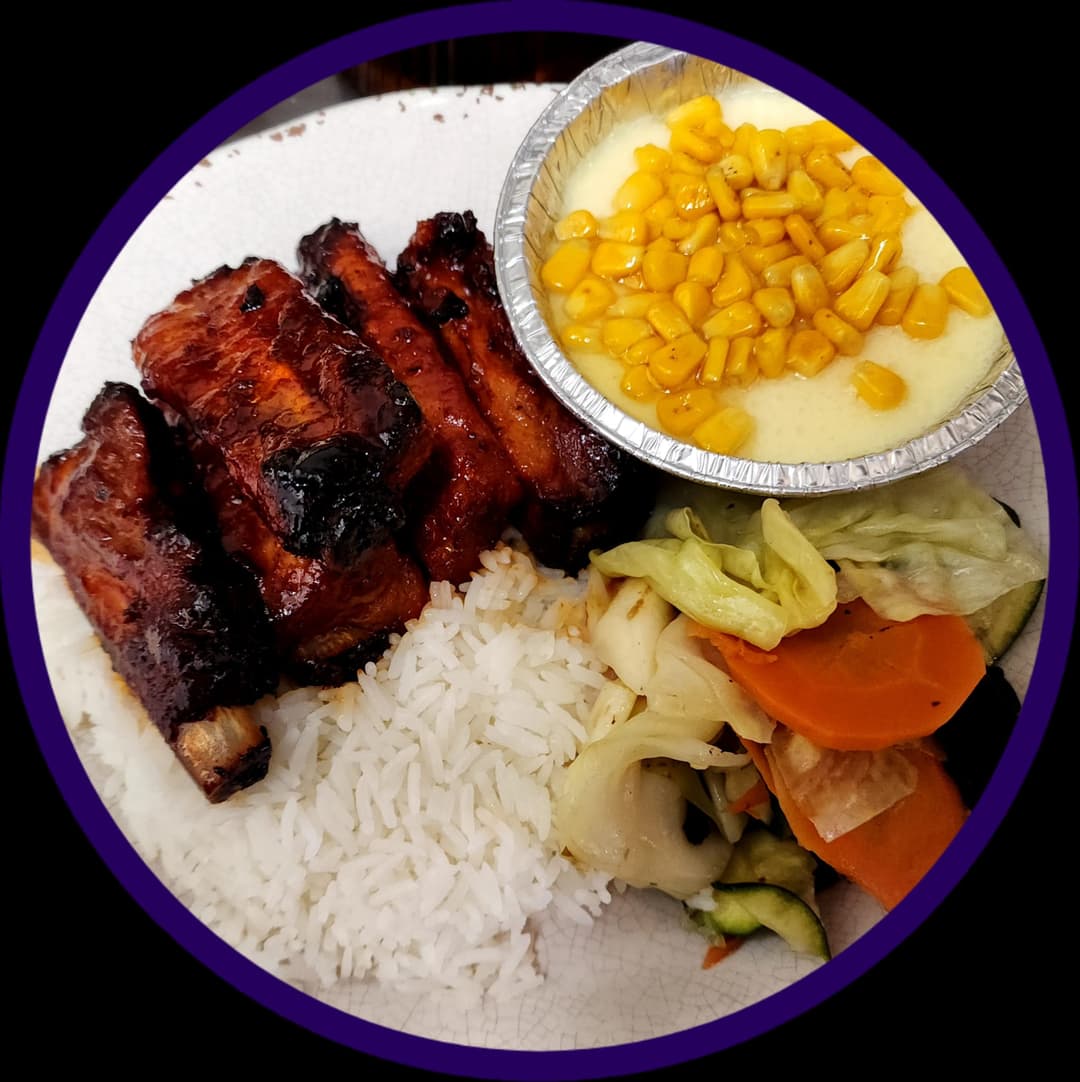 Charcoal Broiled Spareribs & Steamed Eggs w/Sweet Corn with Rice