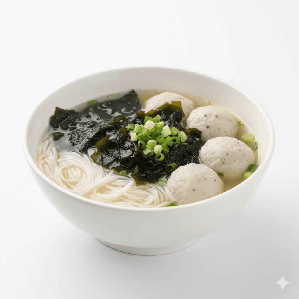 Vermicelli in Soup with Cuttlefish Balls and Seaweed